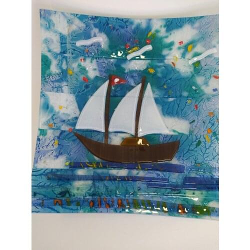 Sailboat Serving Plate Fused Glass Art 22cm Turkish Handmade Special Design Evil Eye Kitchenware Made in Turkey