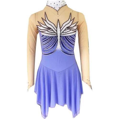 Blue Figure Skating Dress Long-Sleeved Ice Skating Skirt Spandex