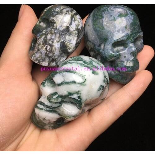 Natural Moss Agate Carved Crystal Skull Statue Healing Crystal Feng Shui Aesthetic Room Decor Reiki Gift