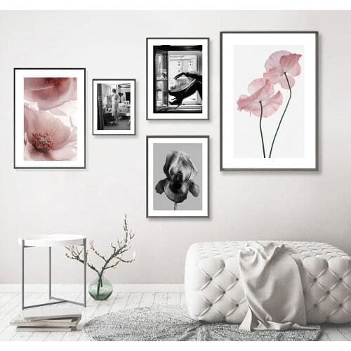 Pink Flower Poster Nordic Print Black White Bud Style Canvas Art Painting Simple Style Quote Picture Home Wall Decoration