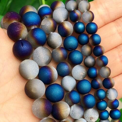 Blue Multicolor Metallic Titanium Coated Druzy Agates Stone Natural Matte Loose Round Beads for Jewelry Making DIY Bracelet 15