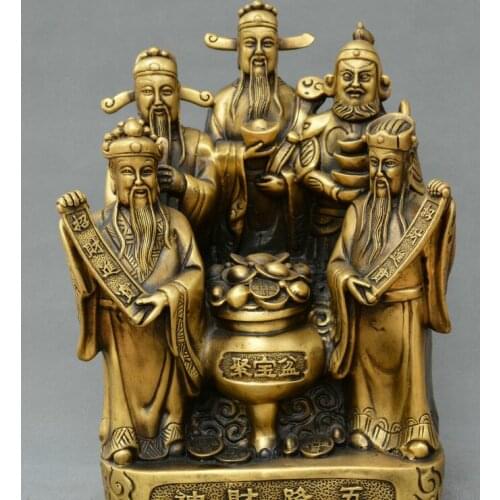 Collect China fengshui old Bronze Five roads God of Wealth treasure bowl statue