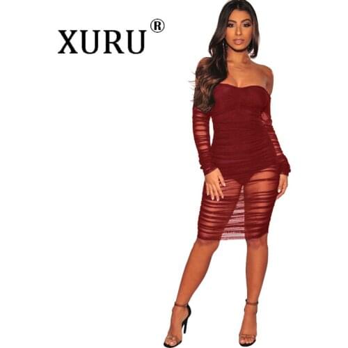 XURU nightclub sexy mesh off-the-shoulder dress 2019 summer new womens dress black wine red slim bag hip dress