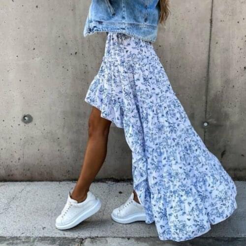 Ladies Summer Boho Beach Bottoms High Waist Floral Printing Skirts Women Casual Fashion Flared Asymmetric Long Skirt Vacation