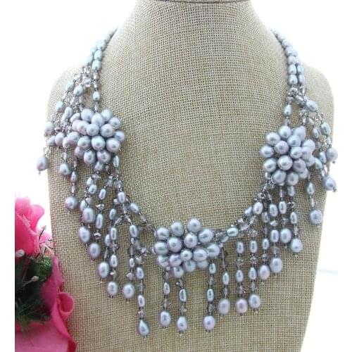 YYGEM Freshwater Cultured Gray Rice Pearl Flower Statement Necklace Luxury style for women 18"