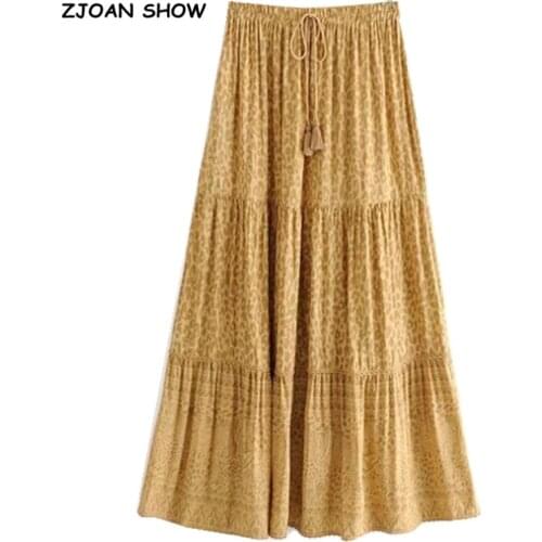 Bohemian Yellow Leopard Print Long Skirt BOHO Women Stitching pleated Lacing up Stream Elastic Waist Swing Skirts Beach