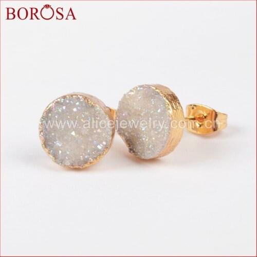 BOROSA 10mm Round Natural Stone Titanium Druzy Geode Stud Earrings Druzy Drusy Geode Gold Bezel Earrings for Women G0911