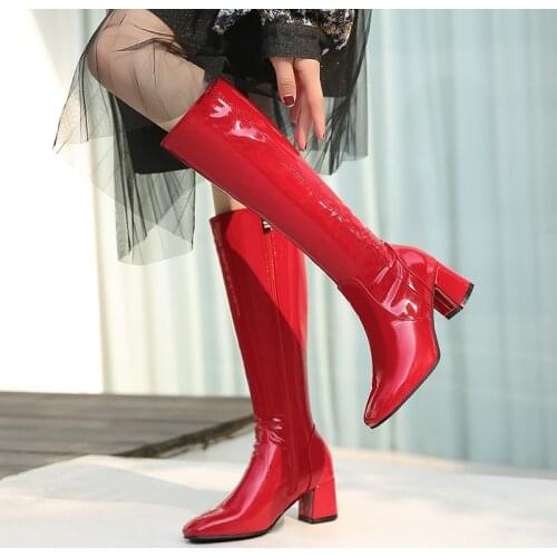 Black Red White Women Boots Fashion Zipper Patent Leather Knee High Boots Comfort Low Heel Square Toe Long Boots Autumn Winter