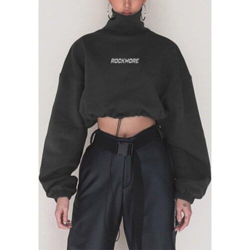 Letter Print Women Sweetshirts Turtleneck Elastic Waist Drawstring Female Sweatshirt Sexy Long Sleeve Streetwear Crop Top Woman