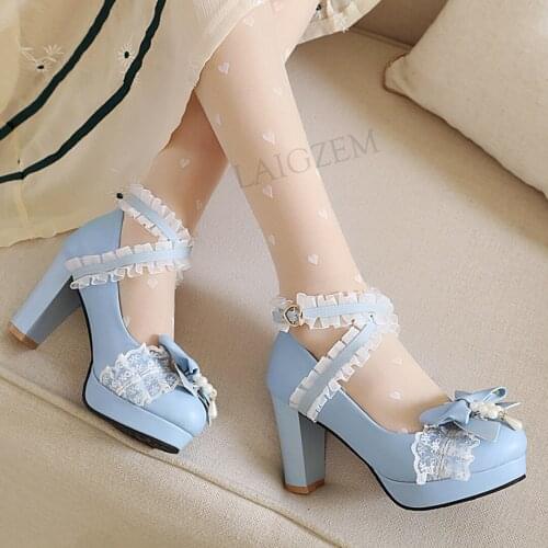 LAIGZEM Cute Women Platform Pumps Chunky Block Heels Lace Students Cosplay Zapatos Mujer Ladies Shoes Woman Big Size 37 42 44 48