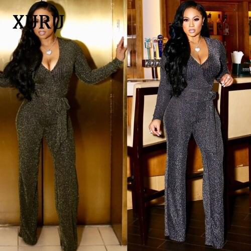 XURU winter V-neck gold and silver brushed womens jumpsuit ladies overalls elegant ladies party wide-leg pants