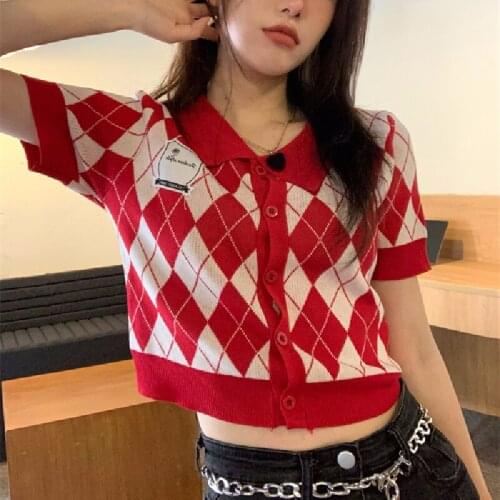 Retro Y2K Argyle Knitted Cardigan Women 2021 Summer Fashion Polo Neck Single Breasted Preppy Style Causal Short Sleeve Crop Top