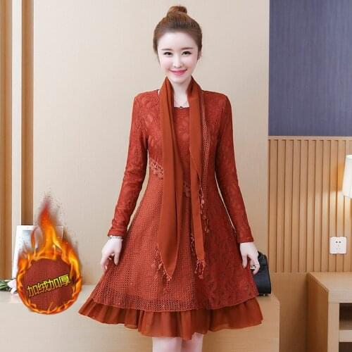 Plus velvet lace womens thick autumn and winter new Korean version was thin wild warm long fashion bottom dress TB181027