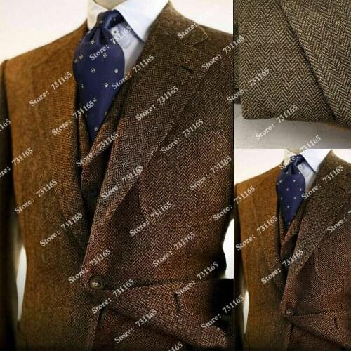 Winter Brown Wool Blend Herringbone Men Suits For Wedding Custom Made 3 Pieces Peaked Lapel Jacket+Vest+Pants Slim Fit Blazers
