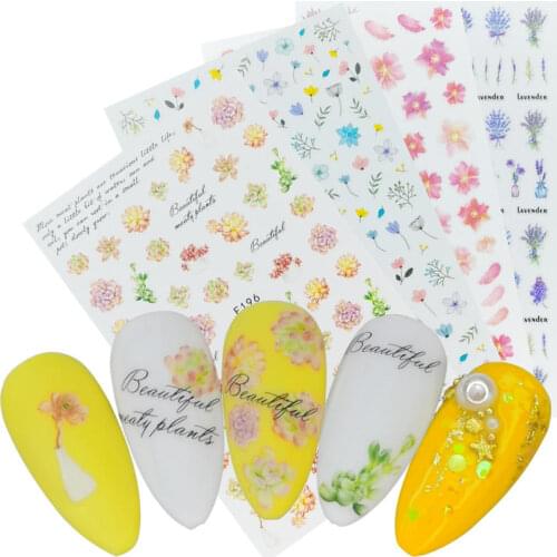 1 Sheet 2020 New Nail Sticker Lavender Cherry Blossom Succulent Plant Leaves Designs Ultra thin Gummed 3D Nail Art Decals