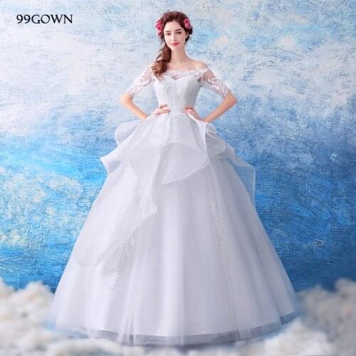 99GOWN 2021 Simple Wedding Dress Short Sleeve Sexy Off Shoulder A-Line Ball Gown Dress Satin Embroidery Bridal Dresses