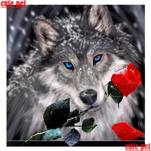 Cute pet full Square round drill Animal wolf and rose Diy diamond painting cross stitch Diamond 5D Embroidery mosaic home decor