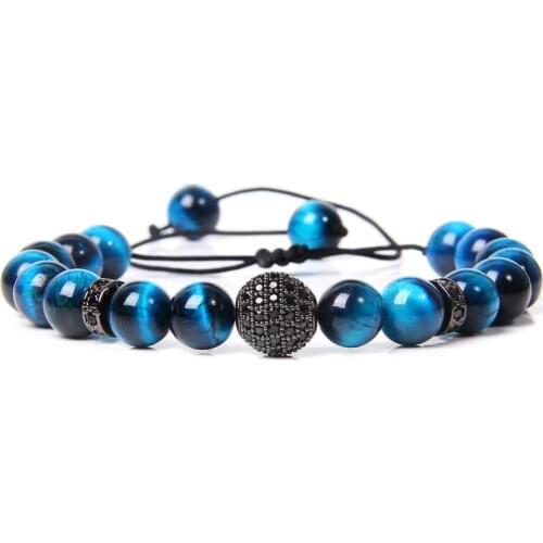 High Quality Natural Royal Blue Tiger Eye Stone Beads Bracelet Men Fashion Adjustable Braided Charm Bracelet Jewelry Gifts Male