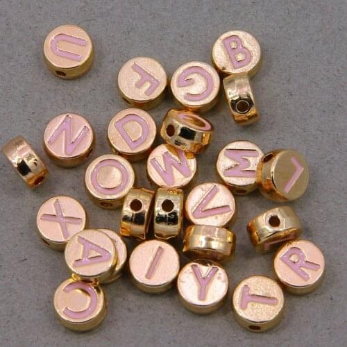 10/26PCS Flat Round 4X8MM Letter Beads Metal Alloy Pink Enamel Alphabet Spacer Beads For Necklace Bracelet DIY Jewelry Making