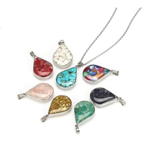 Gravel Stone Beads Teardrop Shape pendant Necklace Pink Quartz White Crystal Lapis Lazuli Tiger Eye Opal Collar Women Jewelry