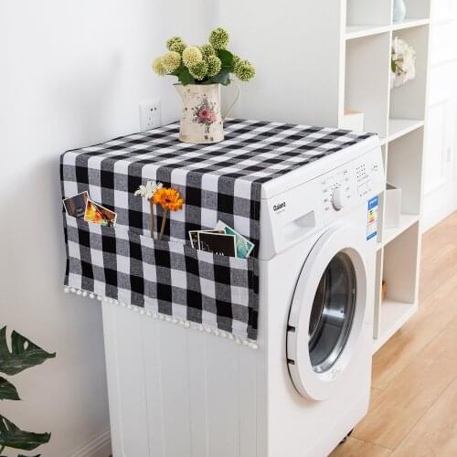 Plaid Check Cotton Linen Washing Machine Cover With Pocket For Household Storage Dustproof Home Refrigerator Cloth Cover