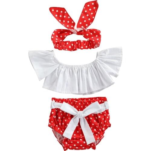 3Pcs Newborn Baby Girl Summer Clothes Solid Color Flare Sleeves Crop Tops Polka Dot Briefs Hairband for Baby Girls, 0-24 Months