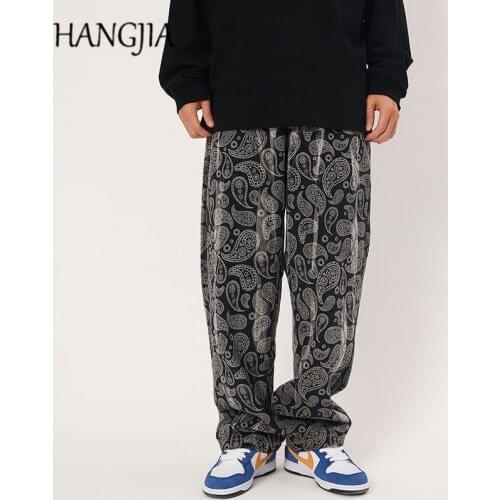 2021 Cashew Flower Washed Wide Leg Jeans Men Women Black Printed Straight Drape Wide-leg Denim Pants Streetwear Loose Casual