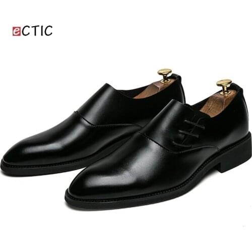 Ectic Men Fashion Dress Shoes Microfiber Upper Slip on Lace Decoration Pointed Toe Solid Black Flats Dress Office Dropshipping