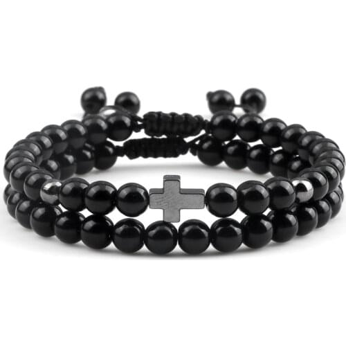 2Pcs/Set Hot 6mm Natural Stone Bracelet Men Cross Fashion Bangle For Lover Couple Distance Handmade Bracelets Friendship Jewelry