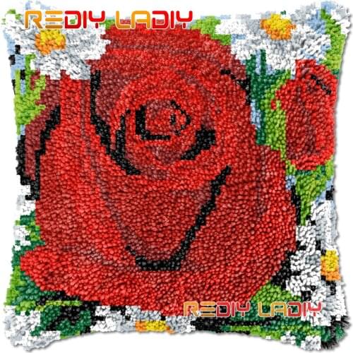 Latch Hook Cushion Red Roses DIY Needlepoint Kits Chunky Acrylic Yarn Arts Crocheting Lofty Pillow Case Hobby & Crafts