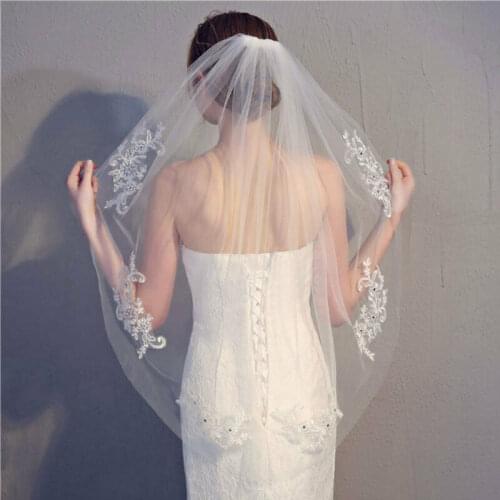 Single Layer White Ivory Bridal Veil with Comb Lace Applique Crystal Wedding 2022