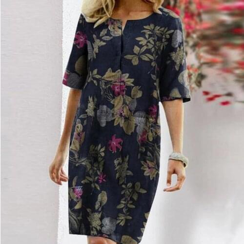 Autumn Cotton Linen Dress 2021 Summer Button O-Neck Printing Knee Party Dress Women Long Sleeve Dresses Plus Size 4XL