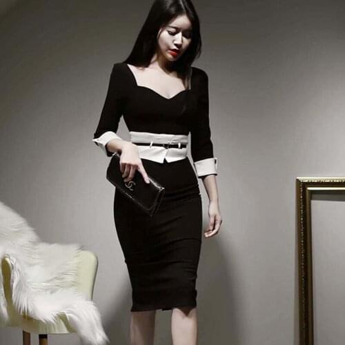 New arrival fashion spring midi dress women OL professional temperament vintage square collar 3/4 sleeve black slim pencil dress
