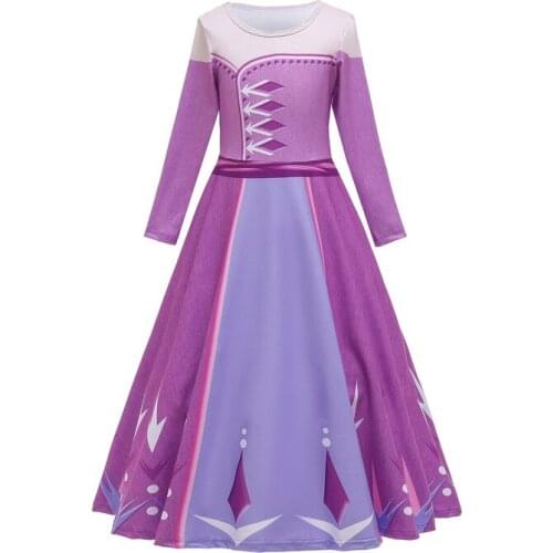 Frozen 2 Elsa Anime Cartoon Princess Long Sleeve Dress Spring and Autumn Girls Purple Princess Dress Childrens New Year Gift