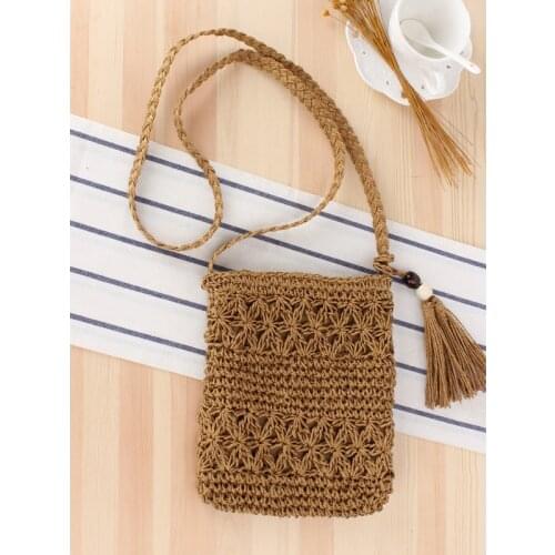 Simple Hollow Tassel Crossbody Straw Bag Hand Woven Summer Vacation Beach Handbags for Women 2021