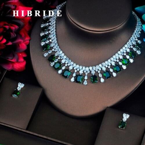 HIBRIDE Luxury Green Color Square Shape CZ Jewelry Sets Bride Necklace Sets Wedding White Gold Color Accessories Wholesale N-419
