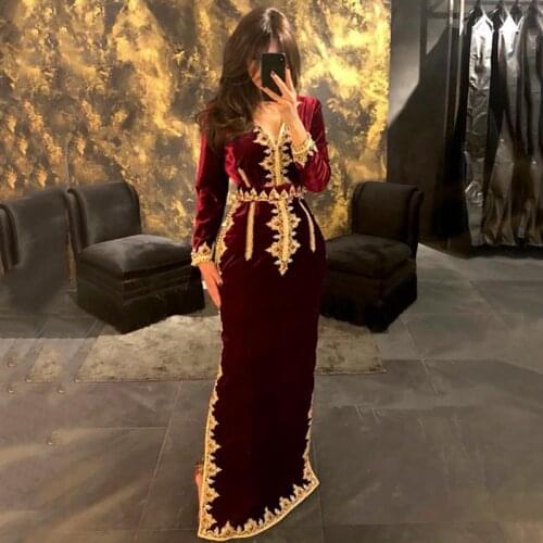 Morocco Caftan Evening Dresses V Neck Burgundy Mermaid Prom Dress Velvet Long Sleeve Formal Middle East Evening Party Dress