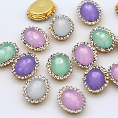 Oval shape opal color sew on rhinestone 15pcs 10x14mm Glass colorful Rhinestone with golden base claw Flatback diy Cloth dress
