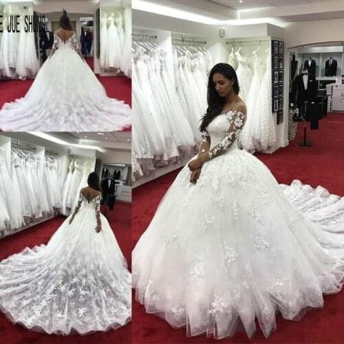 E JUE SHUNG Scoop Neck Wedding Dresses Sheer Long Sleeve Lace Appliques Ball Gown Bridal Dress Zipper Back Luxury robe de mariée