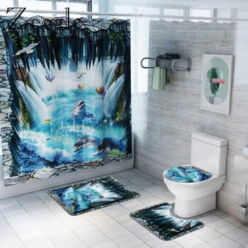 Bathroom Carpet Bath Mat and Shower Curtain Set 3D Dolphin Printed Shower Room Bath Rug Toilet Bathroom Carpet Mat