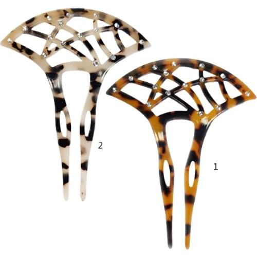 Japanese U-Shaped Acetate Hair Stick Fork Hollow Out Fanshaped Tortoise Shell Updo Hairpin Rhinestone Ponytail Barrette