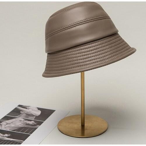 Japanese Bucket Hat Women Big Birm Sun Shade 100% Genuine Leather Fisherman Caps Female Chic Grey Purple Basin Casquette Street