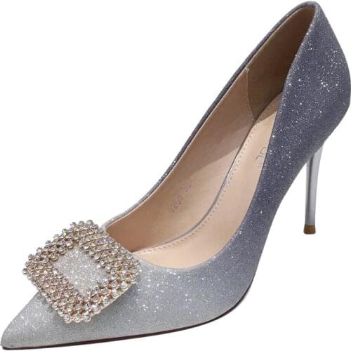 Women High Heels Sexy Gradient Color Pointed Rhinestones Square Buckle Sequins Pumps Heels Wedding Shoes