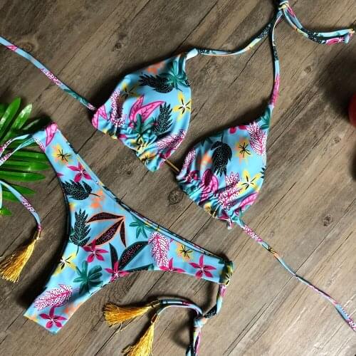 Halter Womens Swimsuits Bikinis Sexy Swimwear Micro Thong Biquini Floral Bathing Suit 2021 Bow Strap Beachwear Summer