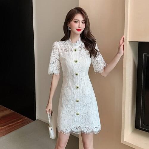 New Arrival Runway Soft Summer Lace Diamond Beaded Button Puff Sleeve Elegant Sweet Princess High Waist Dress Vestido