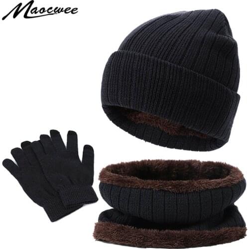 Winter Beanie Hat Scarf Gloves Three-piece Set Women Men Touch Screen Gloves Outdoor Warm Velvet Knitted Unisex Beanie Hats Sets
