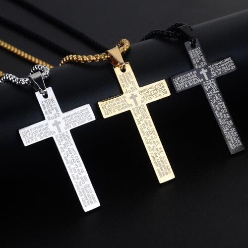 Gold Black Silver Color Cross Bible Mens Necklace Pendant Scripture Our Father In Heaven Necklaces for Religious Male Jewelry