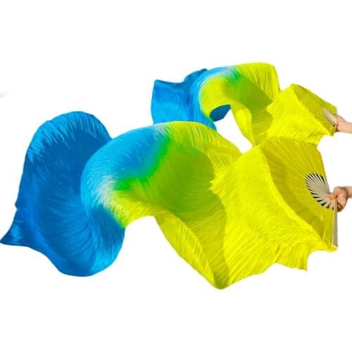 High selling 100% Real Silk 1 Pair Bamboo Ribs Handmade Dyed Long Silk Belly Dance Fans Dance Yellow+Turquoise 120/150/180x90cm