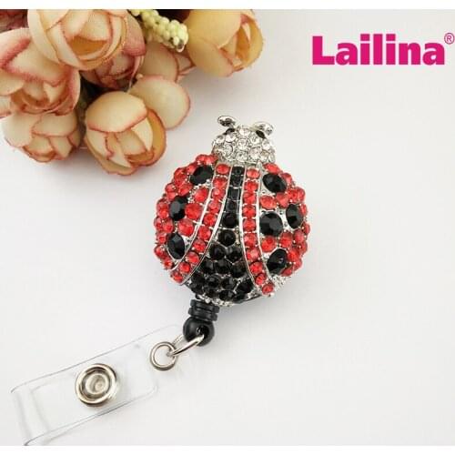 20pcs/lot Fashionable Multi-color Rhinestone Ladybug Retractable Badge Reel Sparkle Decorative Name Card Badge Holder