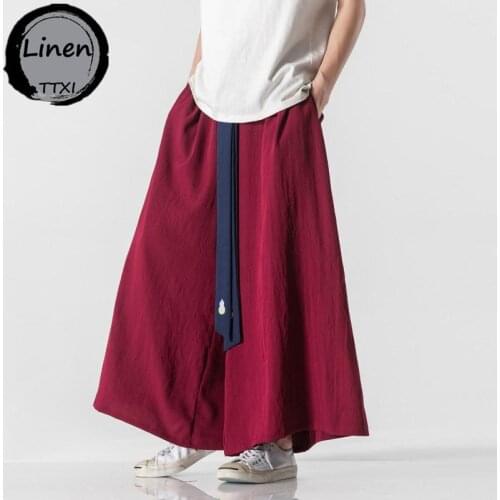 2021 Men Wide Leg Pants Mens Cotton Joggers Retro Loose Trousers Man Chinese Style Linen Pants Male Big Crotch Nepal Robe Pants